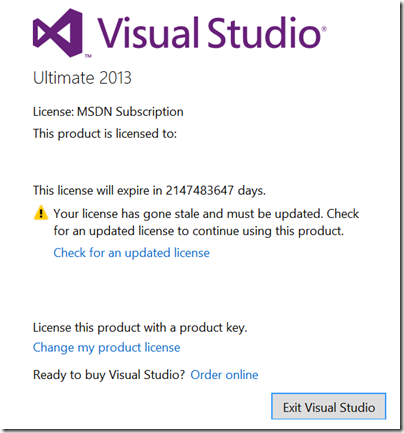 Visual Studio license will expire in 2147483647 days