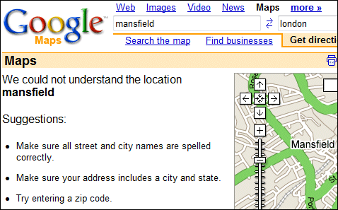Google Maps showing Mansfield on the map, but unable to find it for directions.