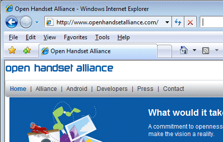 Open Handset Alliance showing blurb about commitment to openness