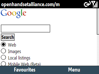 Open Handset Alliance site showing only a Google search page