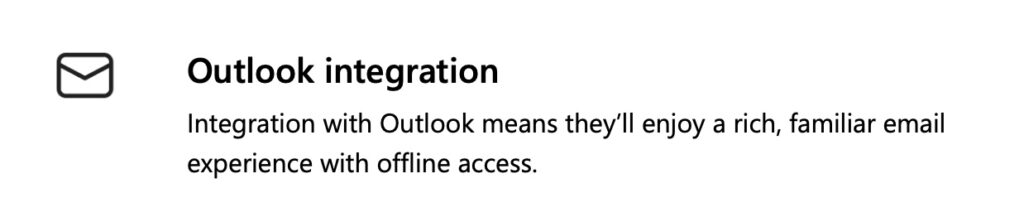 Image from Exchange Online product description showing how it highlights Outlook integration as one of its features